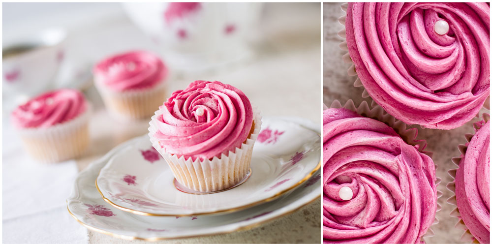Foodfotografie Erdbeere-Cupcake auf altem Porzellan-Geschirr
