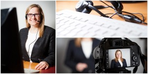 Business - Fotografie einer Consulting-Firma 3er-Collage einer Frau im Büro, Webinar-Kamera und Tastatur-Detail