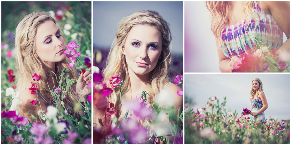 4 natürliche Beauty-Portraits einer Frau im pink-lilafarbenen Wickenfeld