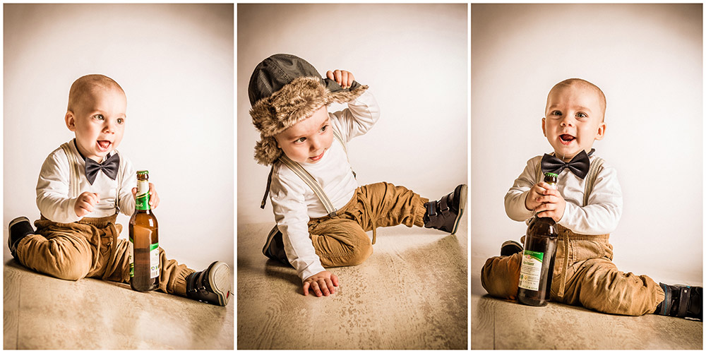 3 Portraits eines frechen Kleinkindes mit Fell-Mütze