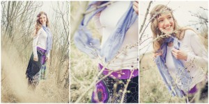 3 natürliche Portraits einer Frau mit lila Blumenhaarkranz