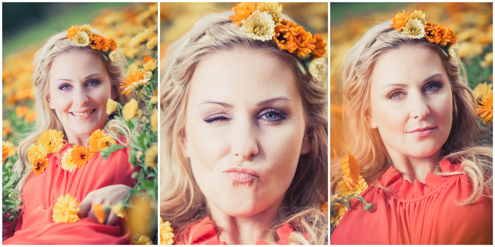 3 Beauty-Portraits einer Frau in gelb-orangen Ringelblumen