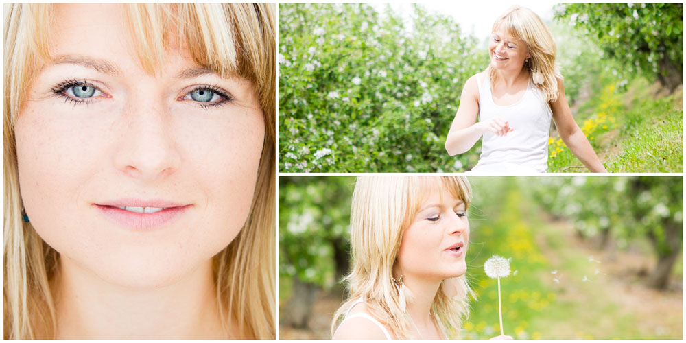 3 natürliche Beauty-Portraits einer Frau im Grünen mit Pusteblume