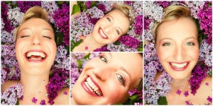 4 Beauty-Portraits einer Frau im lilafarbenen Flieder