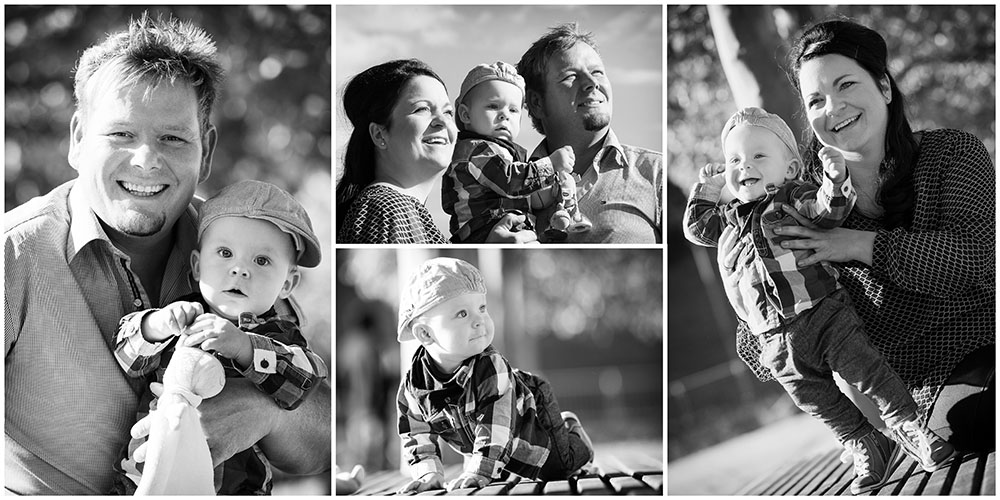 4-er Collage eines Babys mit seinen Eltern in Schwarz/Weiß